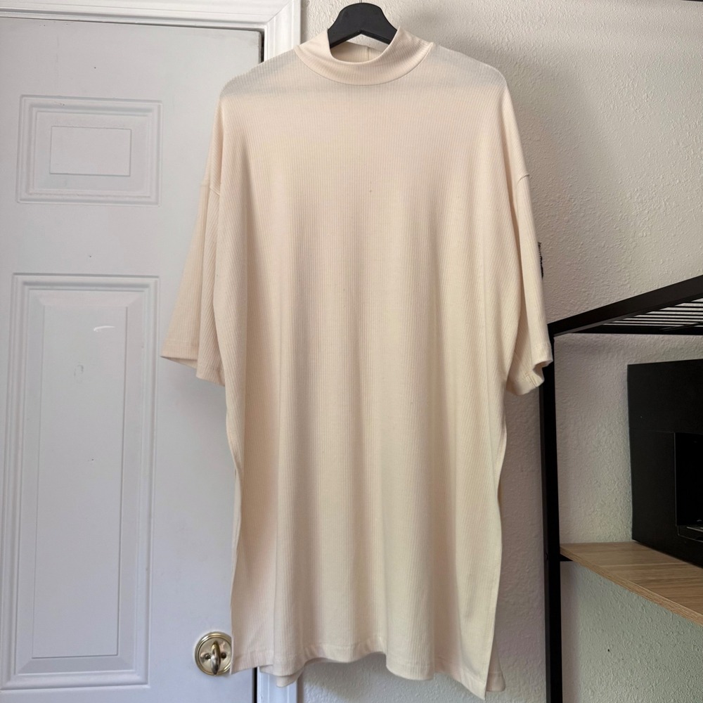DRESSED IN LALA cream ivory rib ribbed mock neck oversized short sleeve tee